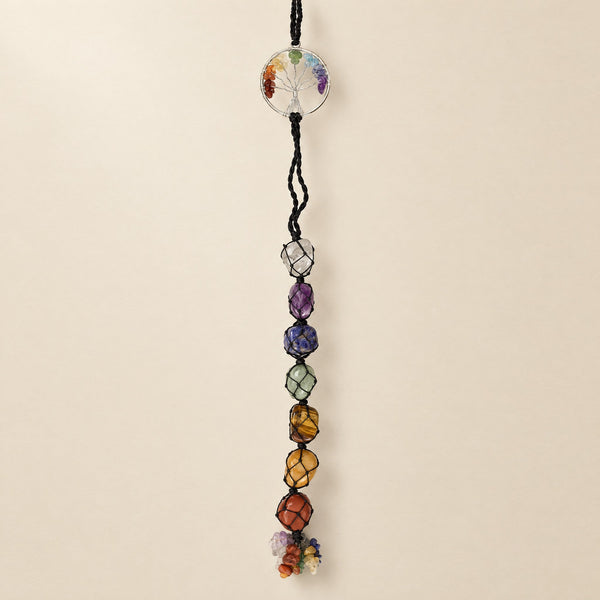 7 Chakra tree of life crystal hanging with seven netted chakra stones