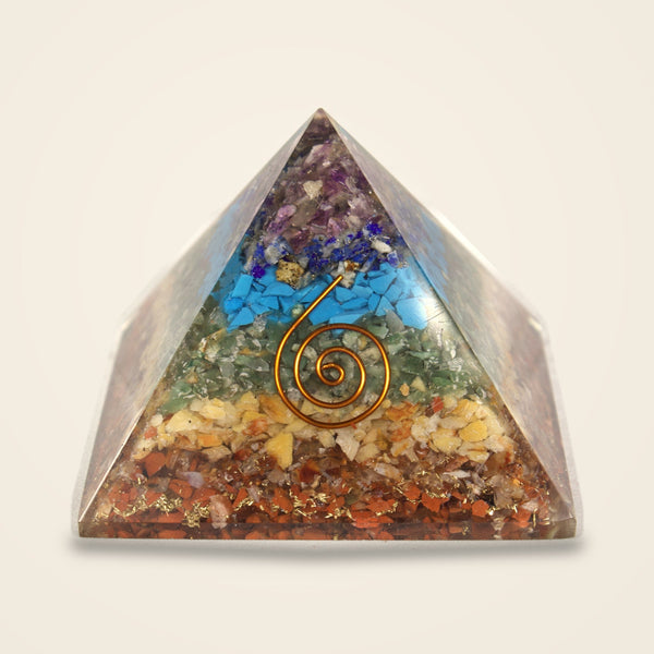7 Chakra orgone pyramid with layered chakra stone chips and copper-tone spiral