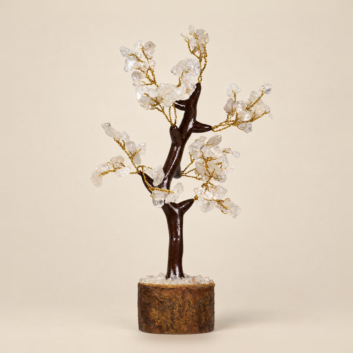 Clear quartz crystal gemstone tree with gold-tone wire, 100 chips, front view