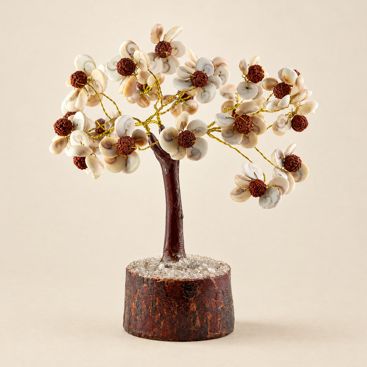 Gomti chakra and rudraksha gemstone tree with gold-tone wire, front view