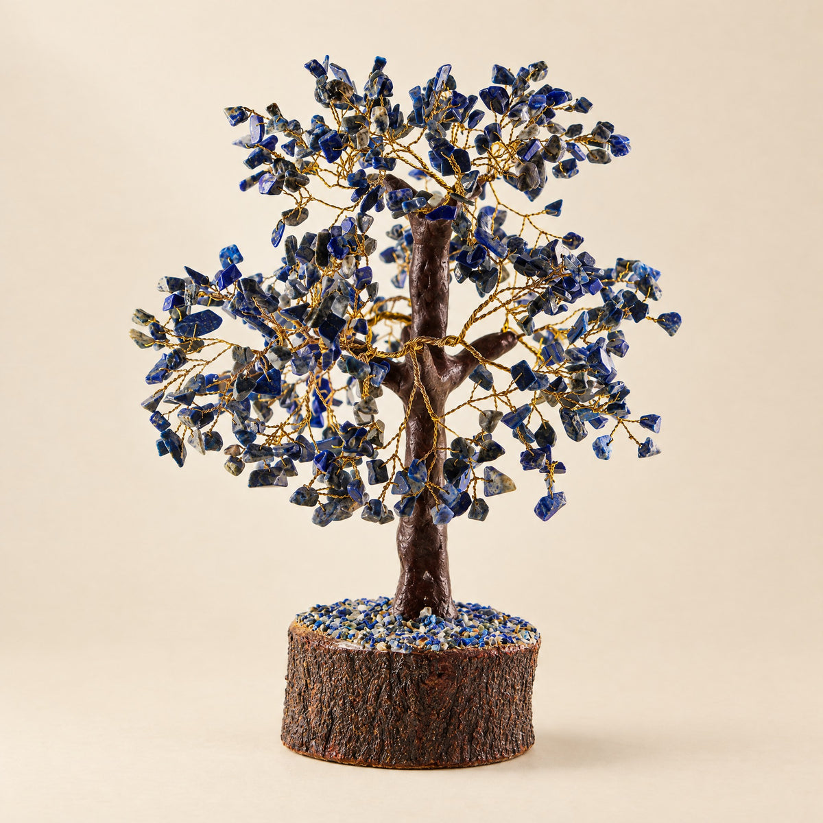 Lapis lazuli crystal tree with gold-tone wire, 500 chips, front view