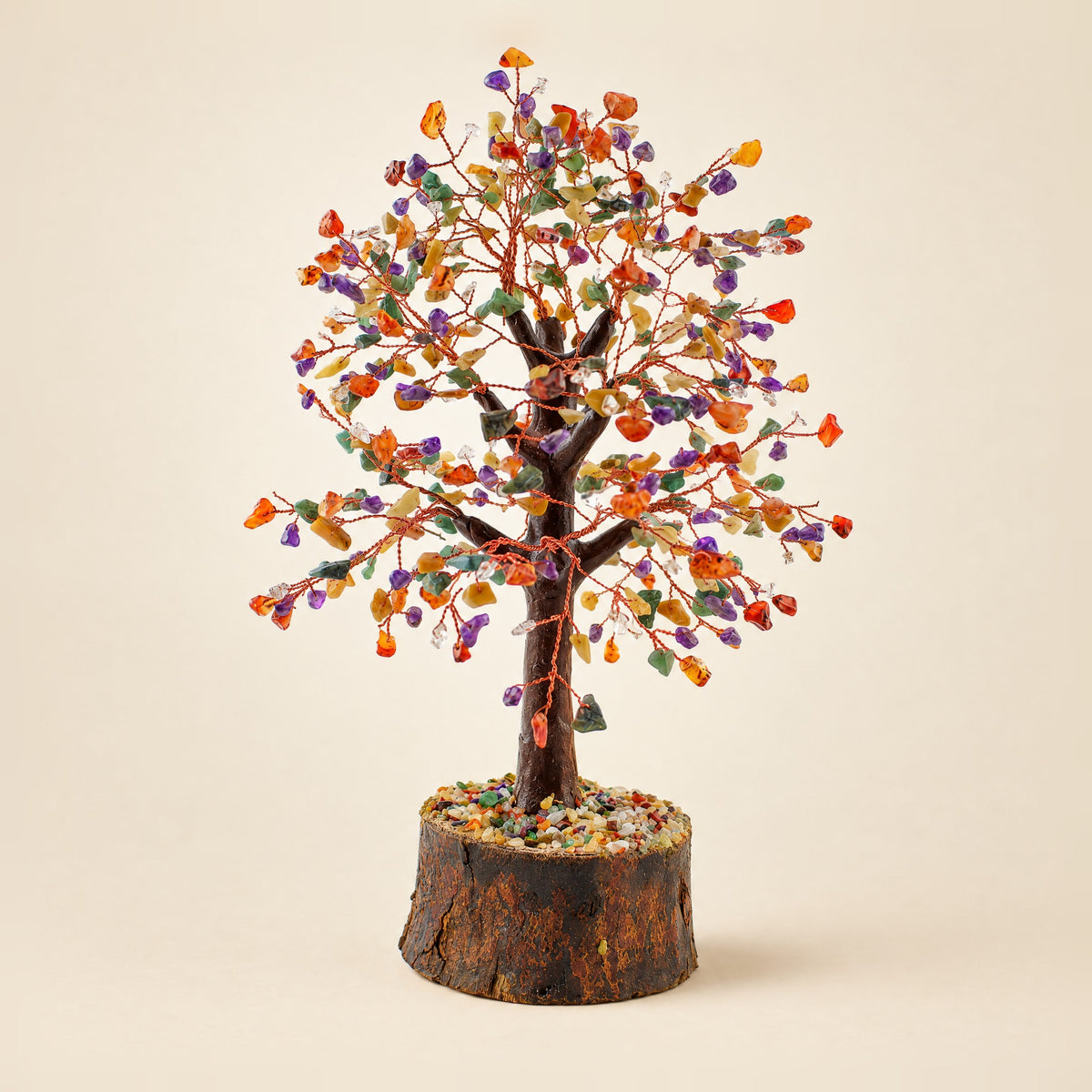 Multi-colour gemstone tree with copper-tone wire, 500 chips, front view