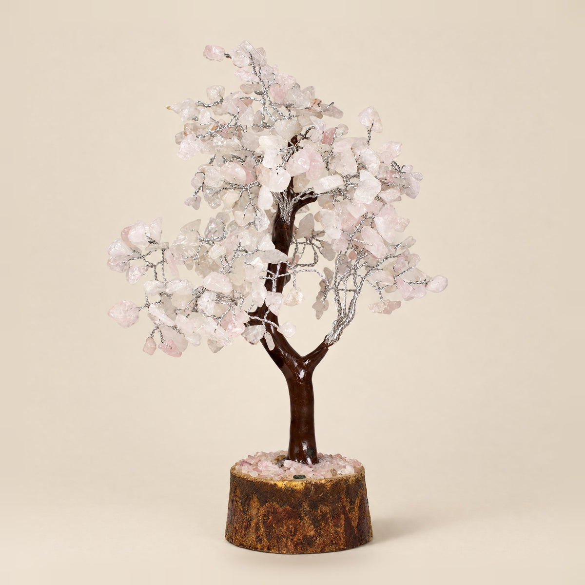 Rose quartz gemstone tree with silver-tone wire, 300 chips, front view