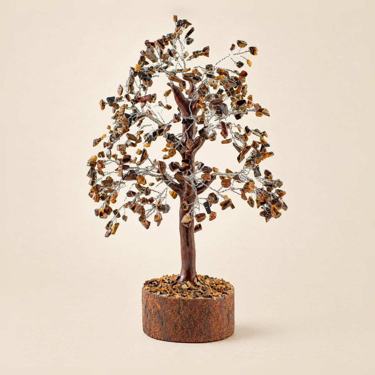 Tiger eye gemstone tree with silver-tone wire, 500 chips, front view