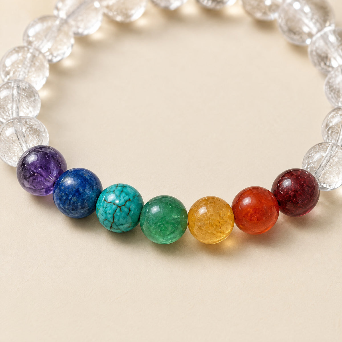 Close-up of the 7 chakra and crystal beads