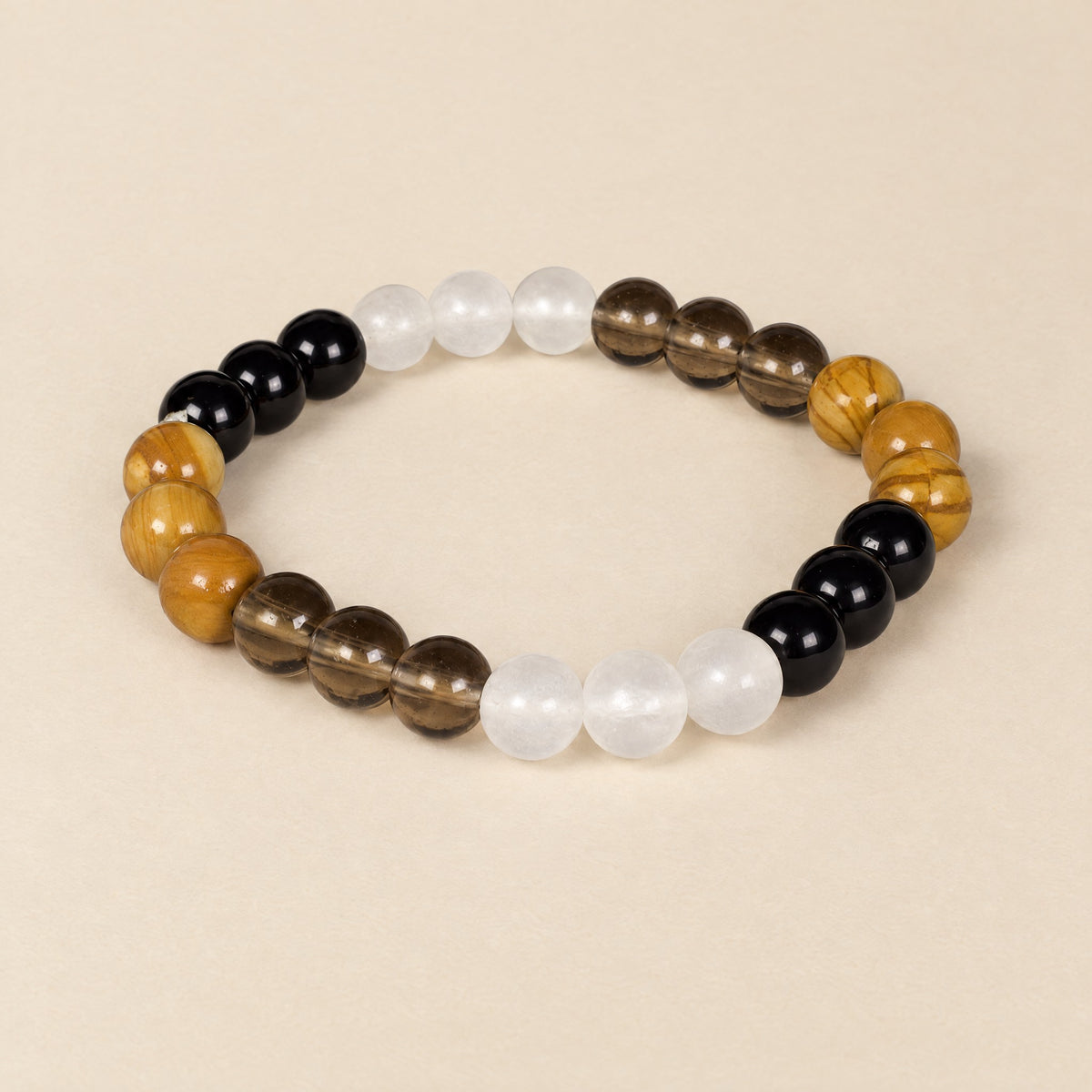 Grounding Earth Bracelet: smoky quartz, black, frosted white and wood jasper beads