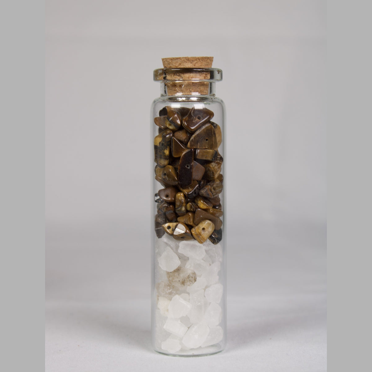 Crystal intention jar for Confidence: tiger eye and white quartz chips