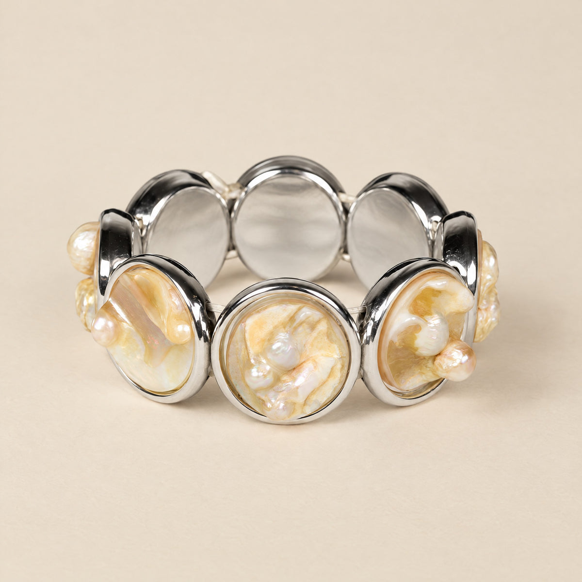 Mother of Pearl & Freshwater Pearl Bracelet: silver-tone panels with mother-of-pearl and freshwater pearls
