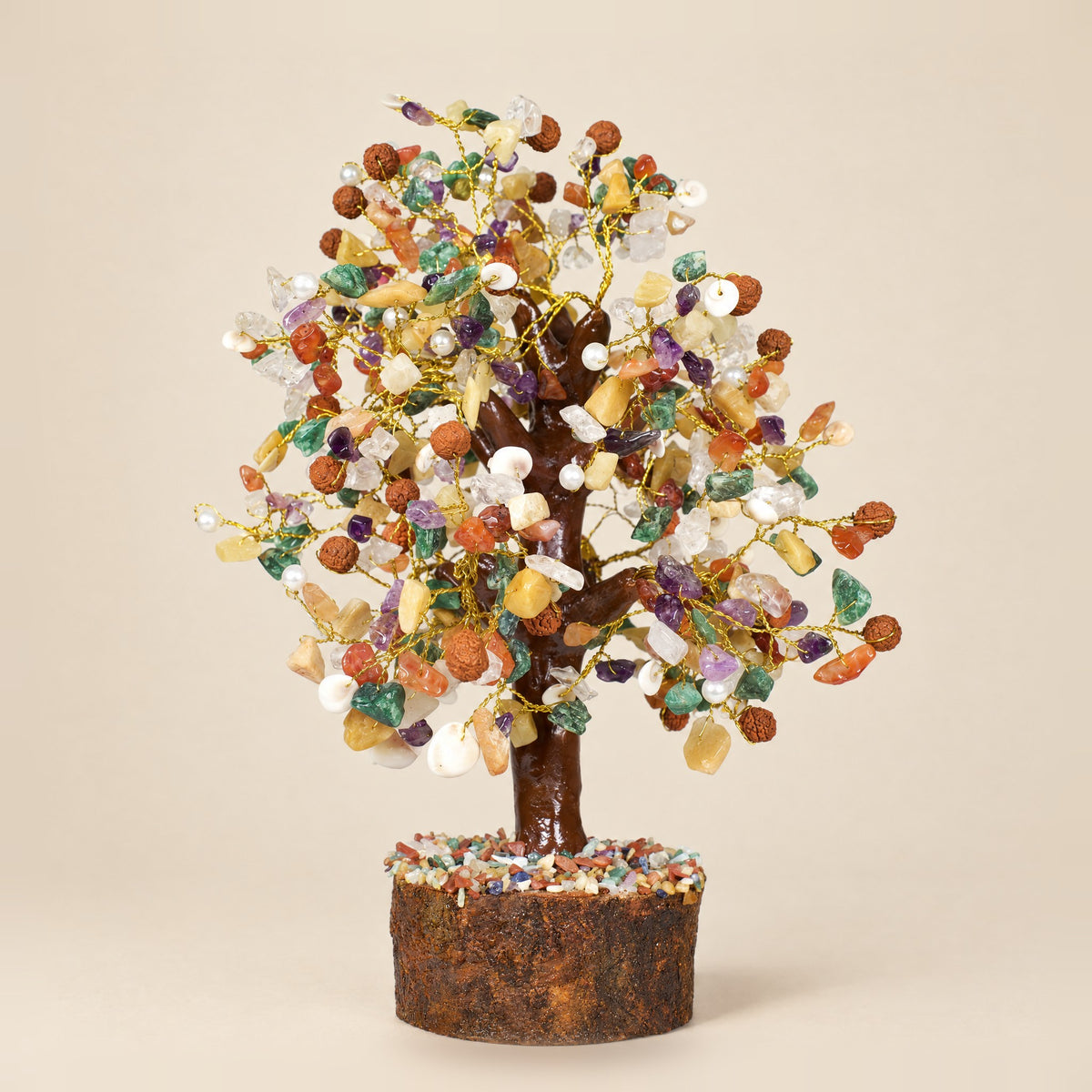 Rudraksha, pearl and Gomti Chakra gemstone tree with gold-tone wire, 500 chips