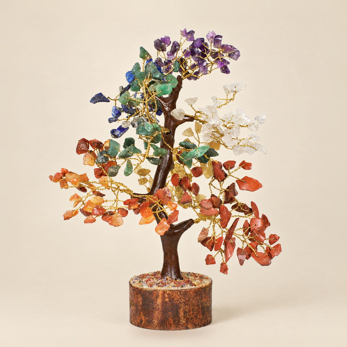 7 chakra gemstone tree with gold-tone wire, 500 chips, front view