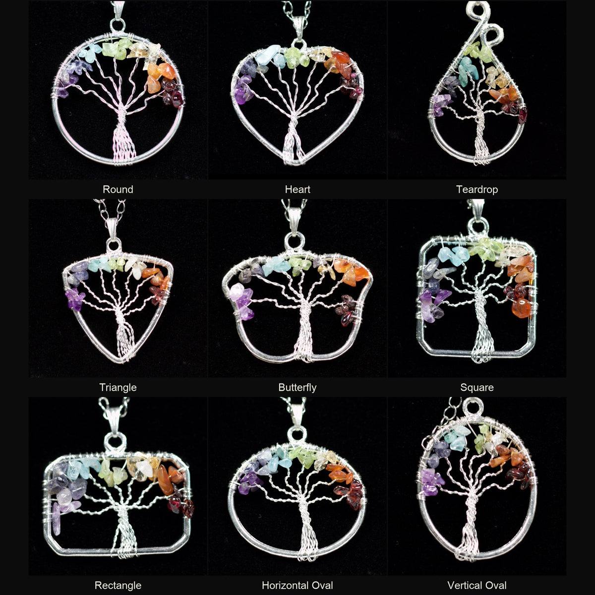 The 9 tree of life pendant shapes in the complete set