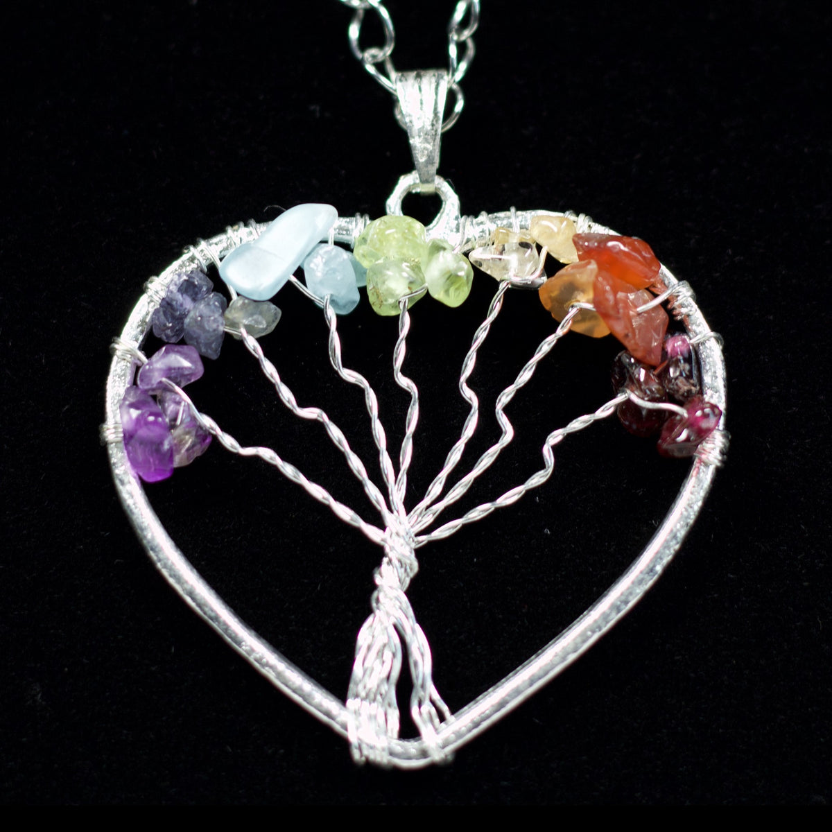 7 chakra tree of life pendant, heart shape