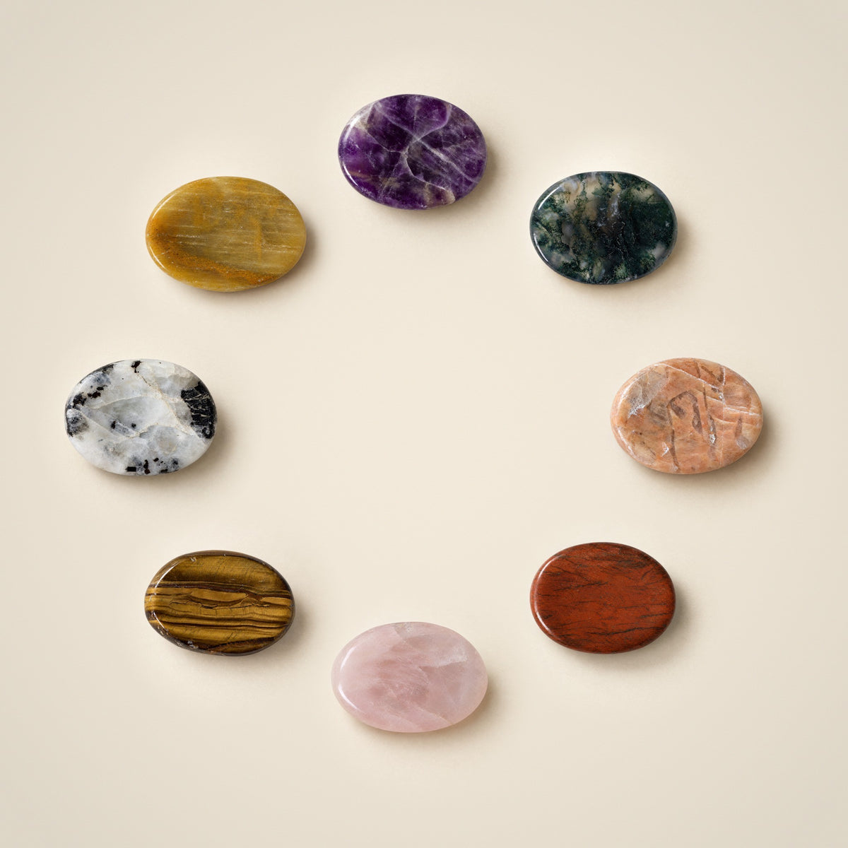 All 8 polished worry stones in the complete set