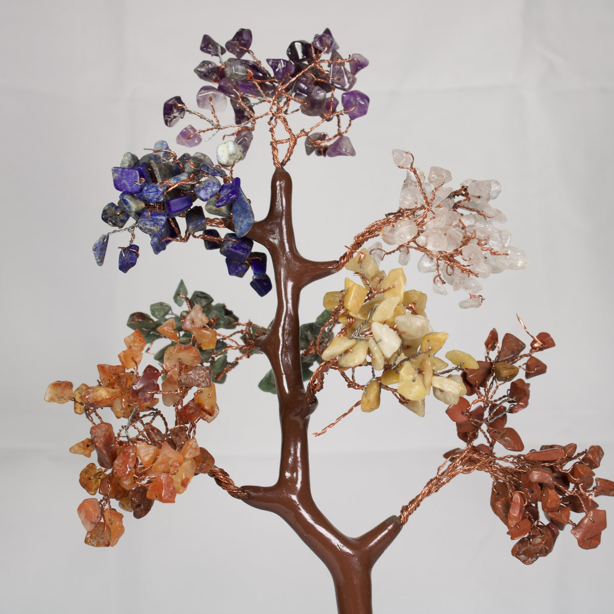 Close-up of the chakra chip clusters on copper-tone wire branches