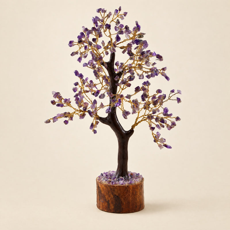 Amethyst crystal tree with gold-tone wire, 300 chips, front view