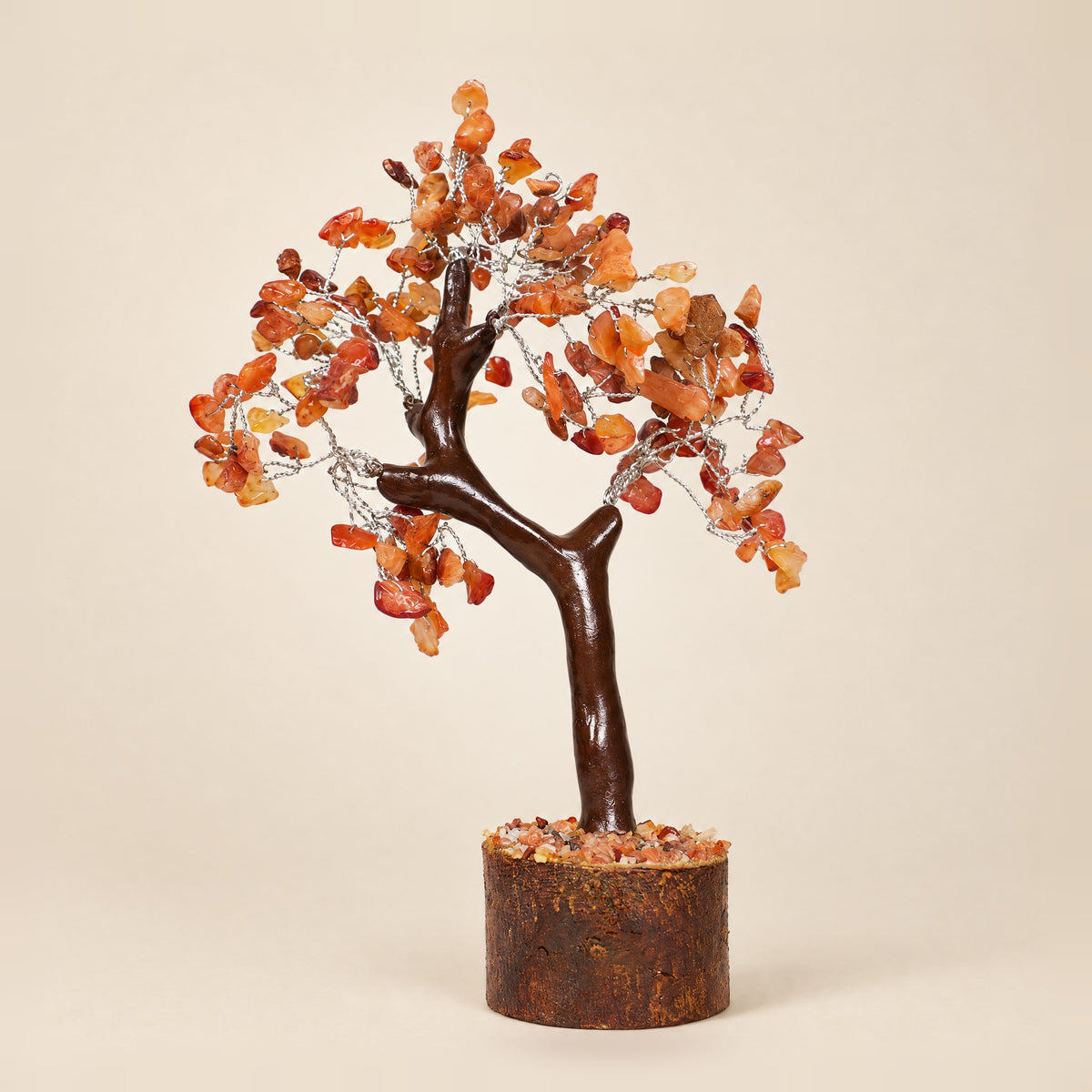 Carnelian gemstone tree with silver-tone wire, 160 chips, front view