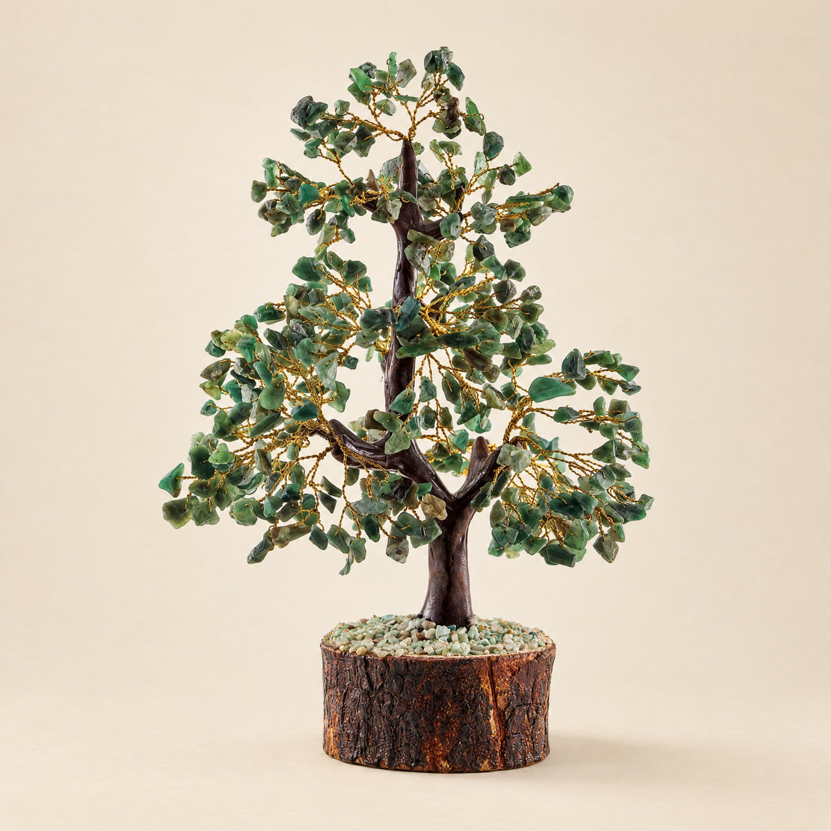 Green aventurine crystal tree with gold-tone wire, 500 chips, front view