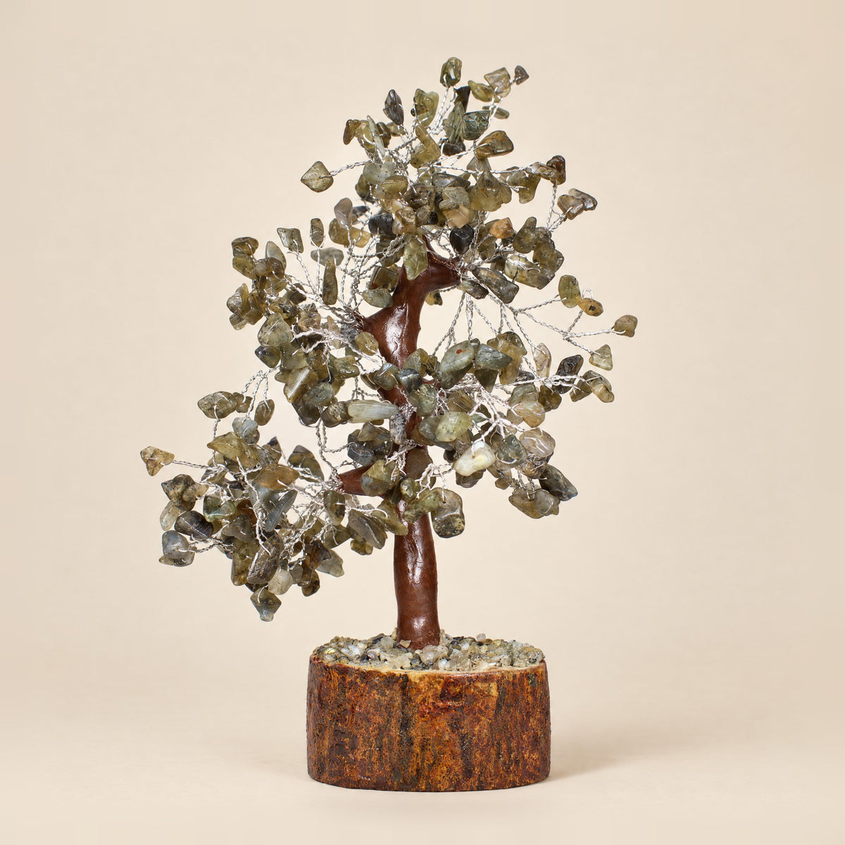 Labradorite gemstone tree with silver-tone wire, 300 chips, front view