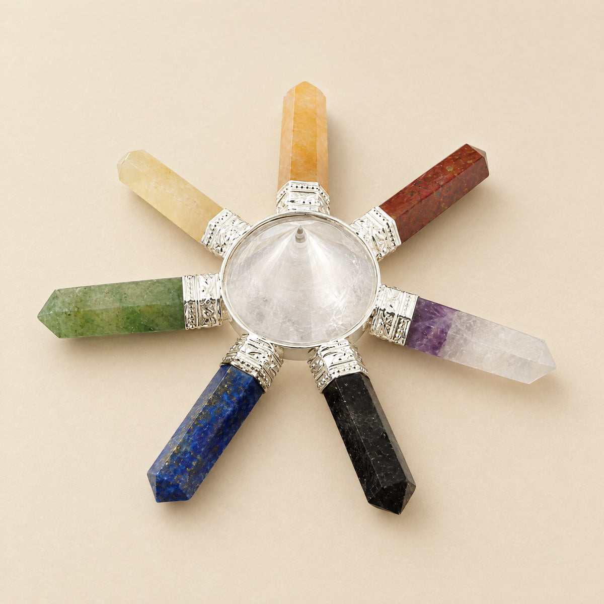 Seven chakra generator set: seven gemstone points around a clear quartz centre