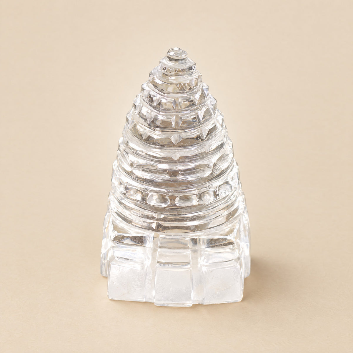Clear crystal quartz Sri Yantra Meru pyramid, 1.5 inch, hand-carved natural sphatik