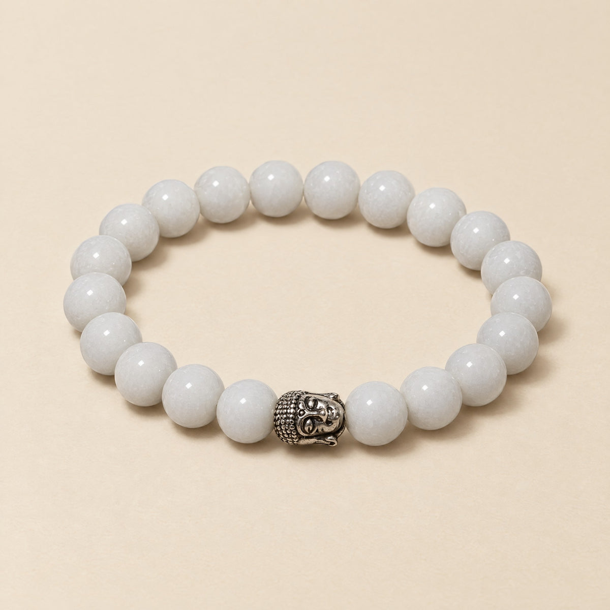 White agate bracelet with a silver-tone Buddha bead, 8mm beads