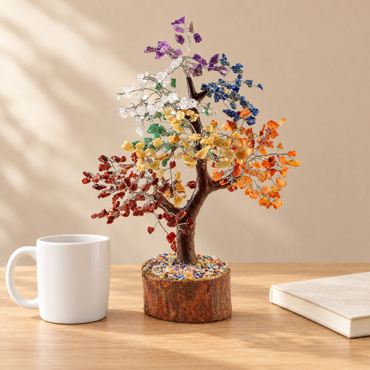 Seven chakra gemstone tree on a desk beside a coffee mug for size