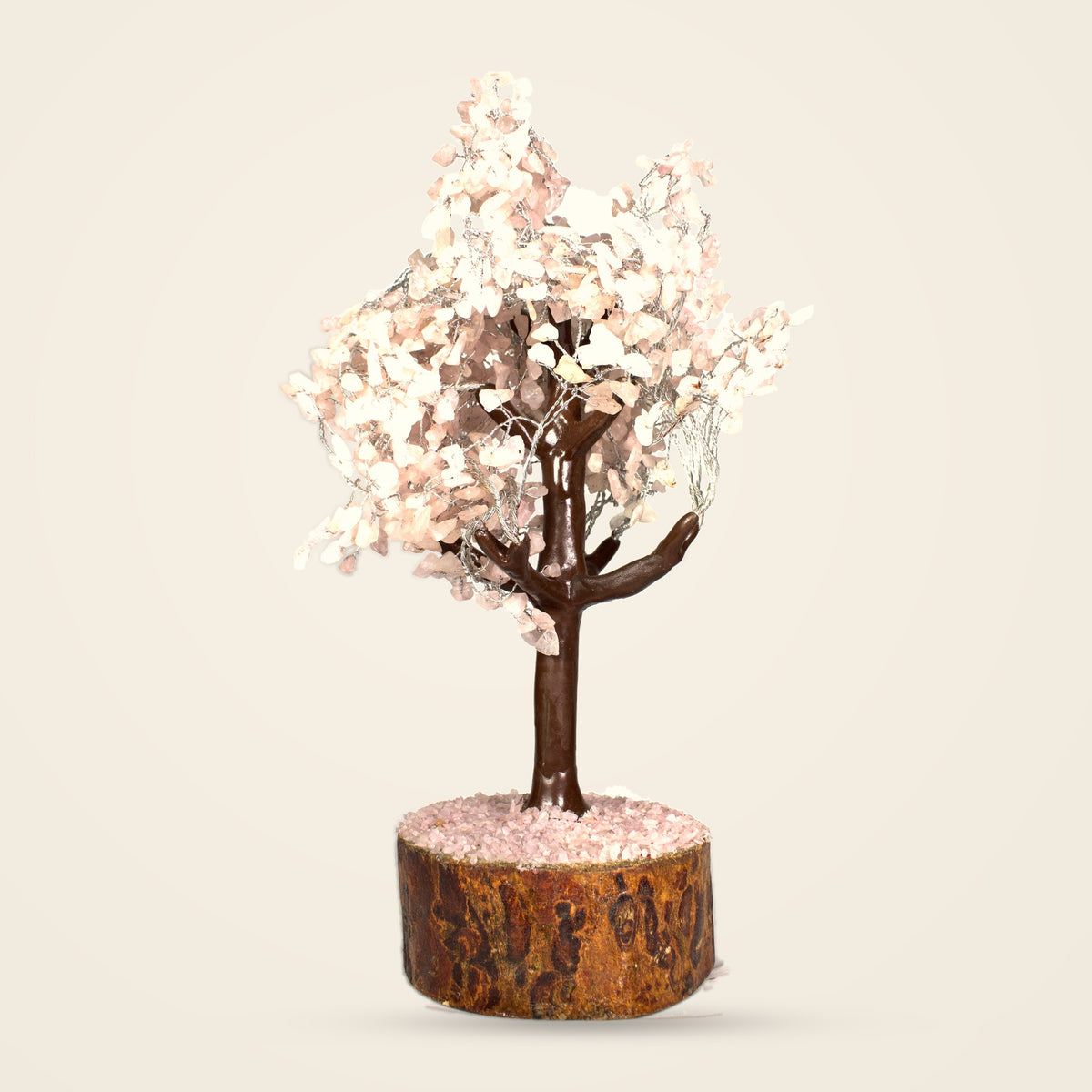 Rose quartz gemstone tree, 1000 chips, front view