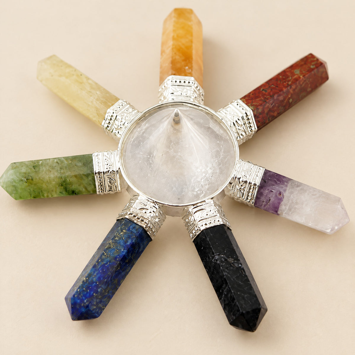 Close-up of the clear quartz centre and silver-tone fittings