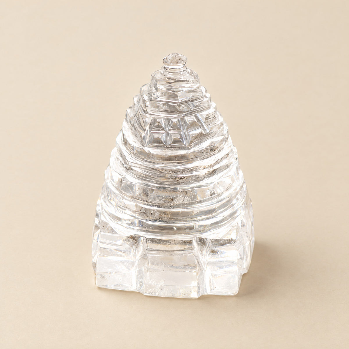 Clear crystal quartz Sri Yantra Meru pyramid, 1 inch, natural sphatik