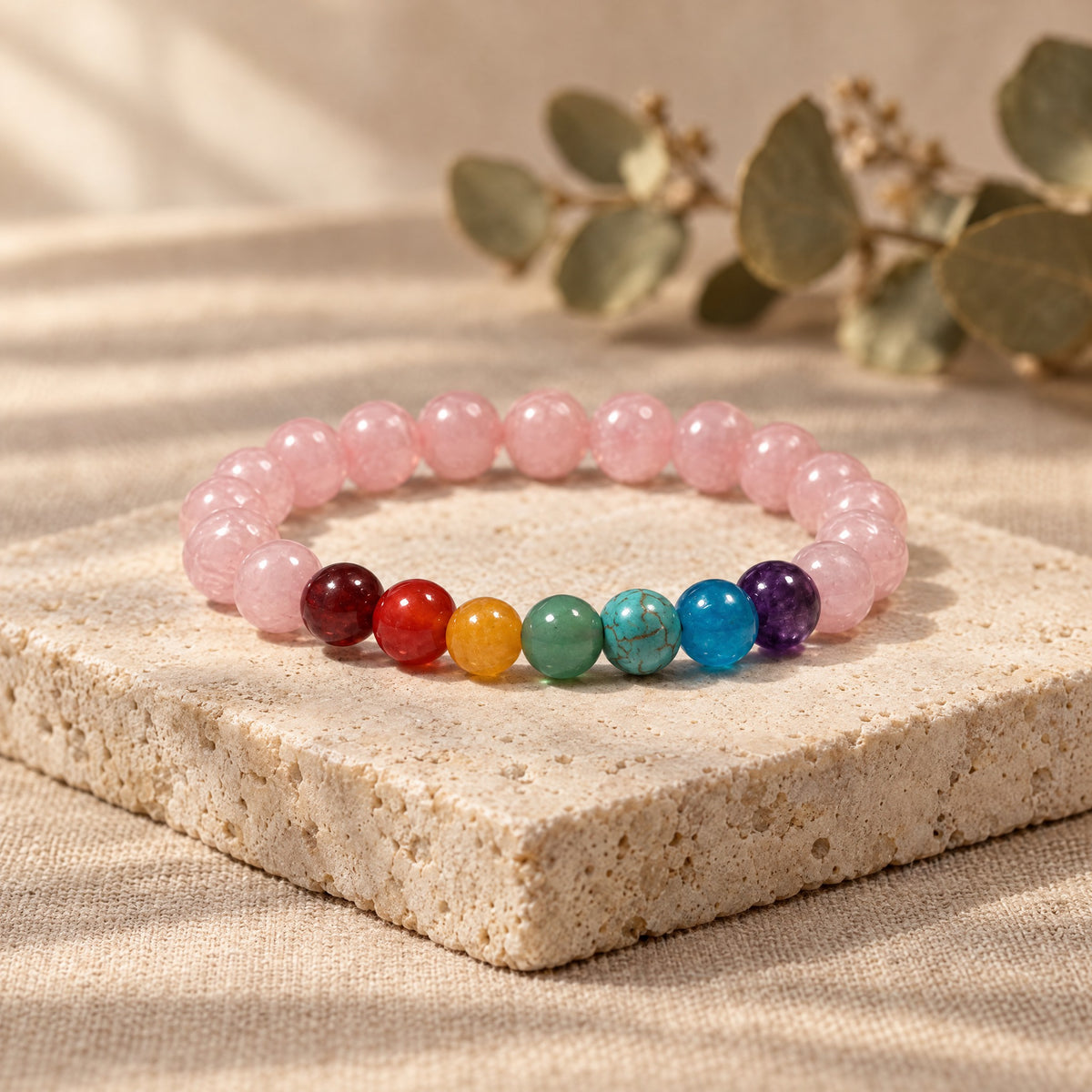 7 Chakra and rose quartz bracelet on a travertine stone