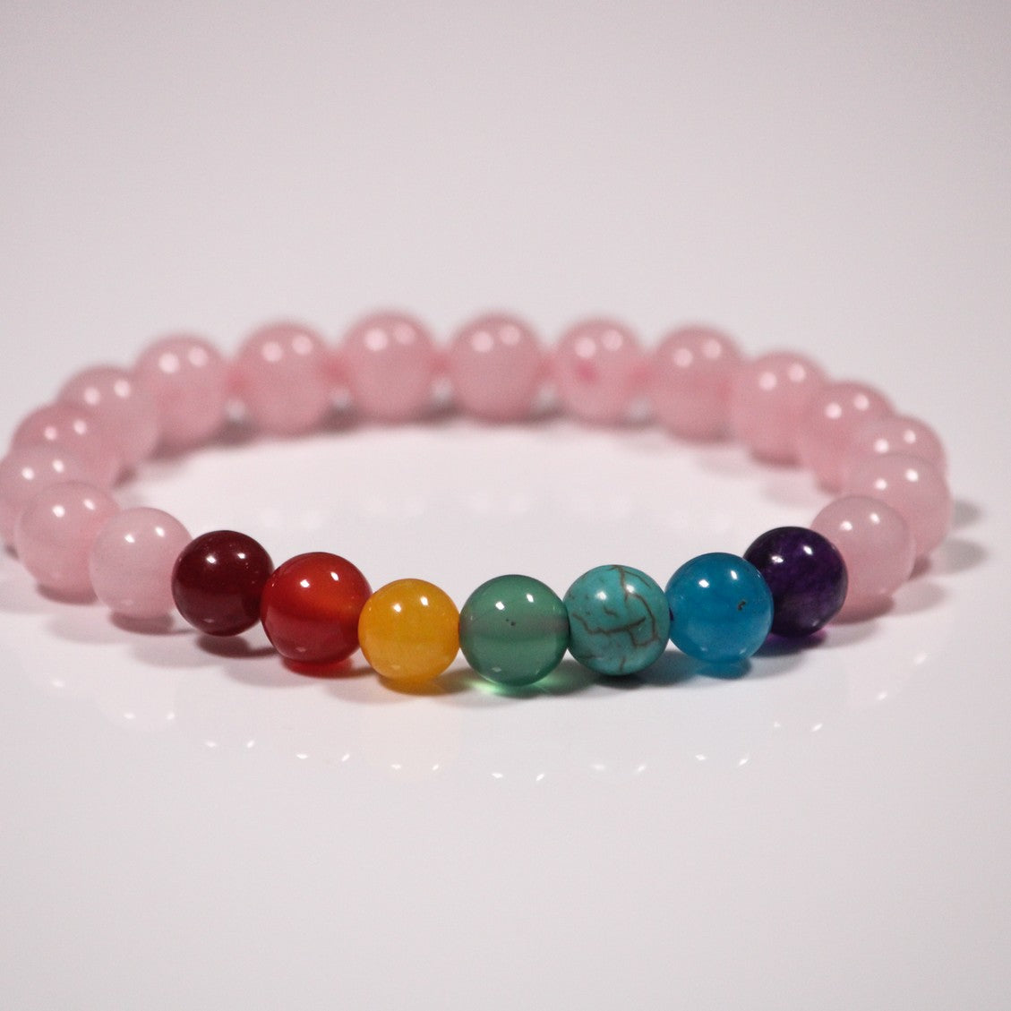 Unedited photo of the 7 Chakra and rose quartz bracelet