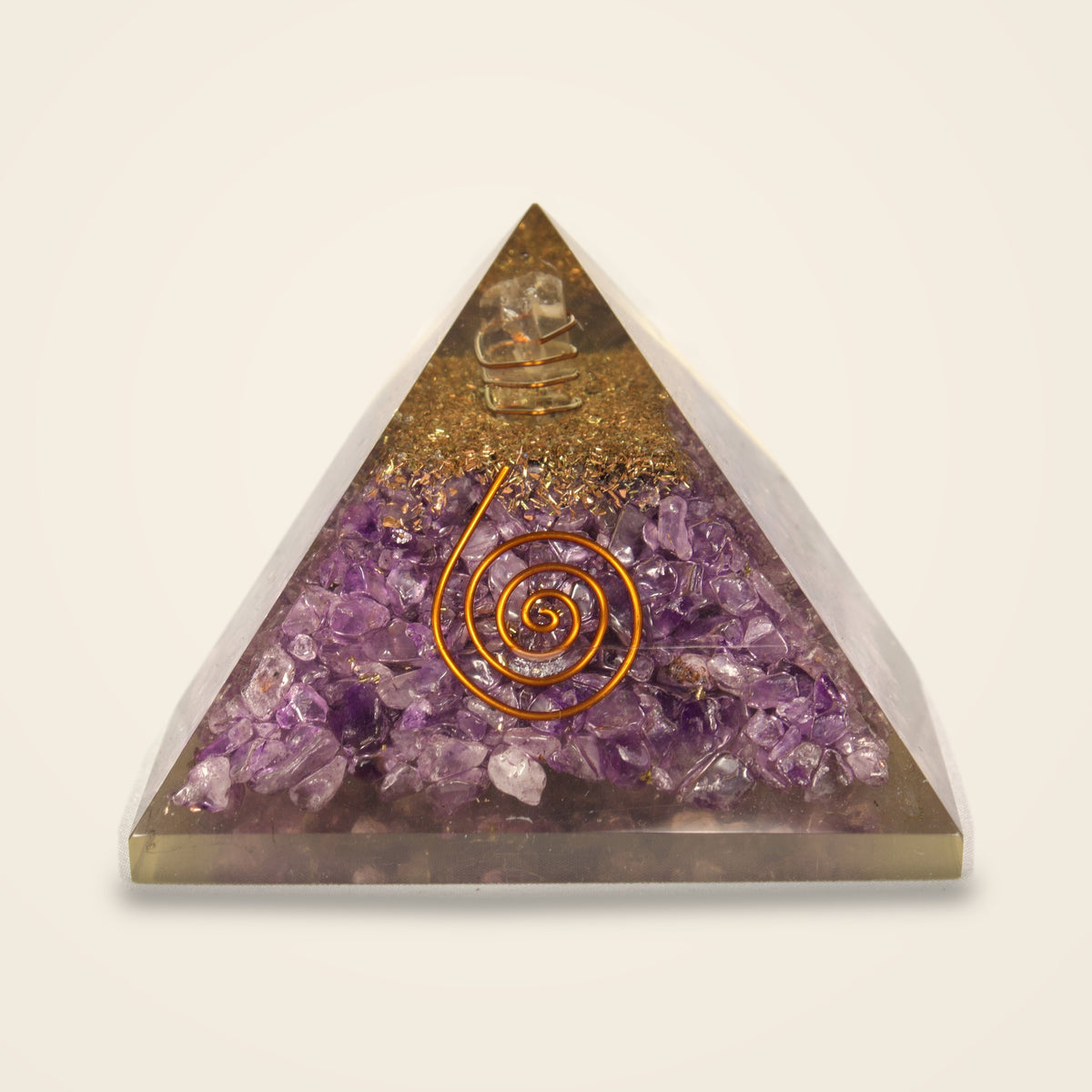 Amethyst orgone pyramid with gold-tone flakes, quartz point and copper-tone spiral