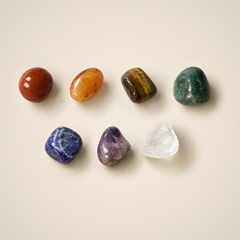 7 Chakra tumbled stones: red jasper, carnelian, tiger eye, green aventurine, lapis, amethyst, clear quartz