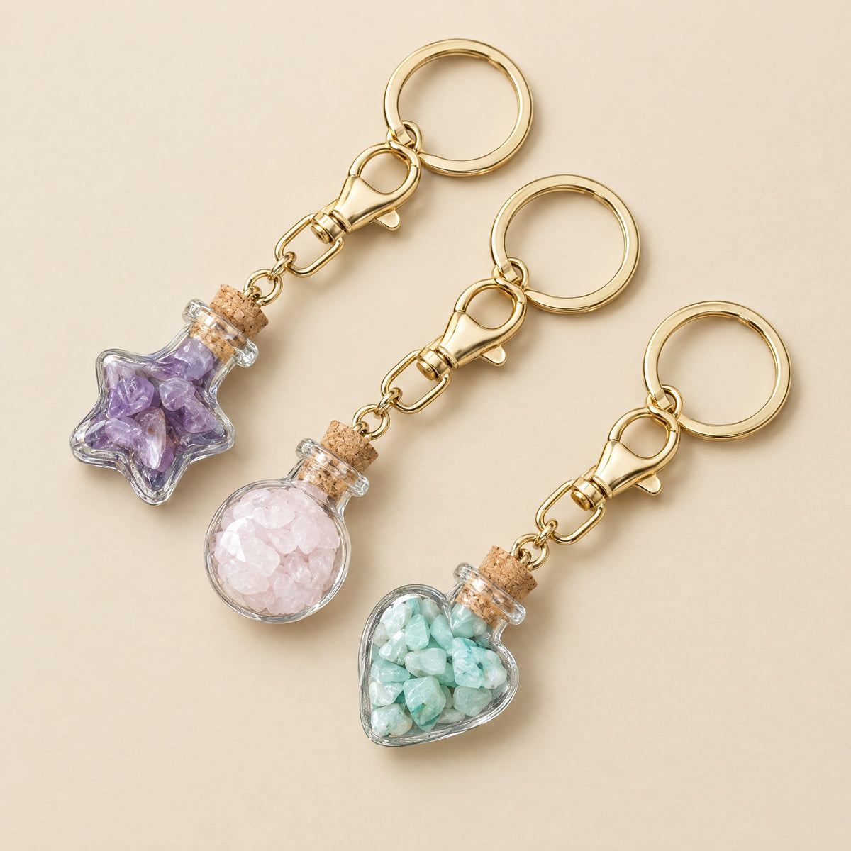 Crystal wish bottle keychains with gold-tone clasp: amethyst star, rose quartz round and amazonite heart bottles