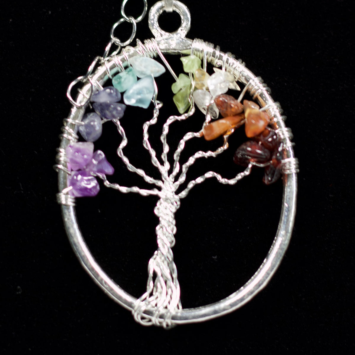 7 chakra tree of life pendant, vertical oval shape