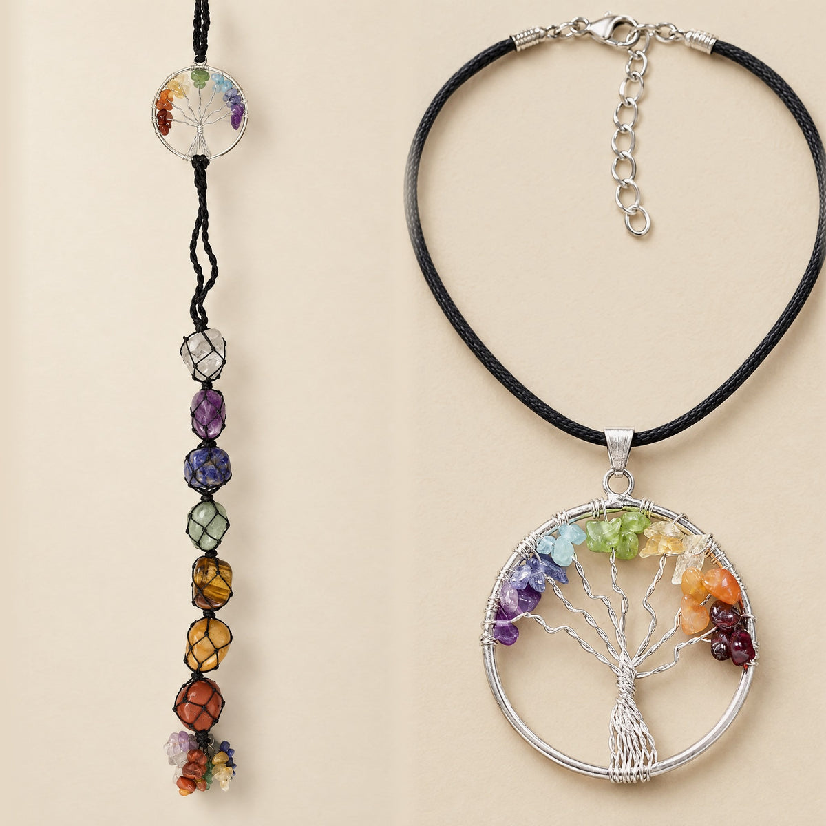 Tree of Life gift set: 7 chakra crystal hanging and round Tree of Life necklace