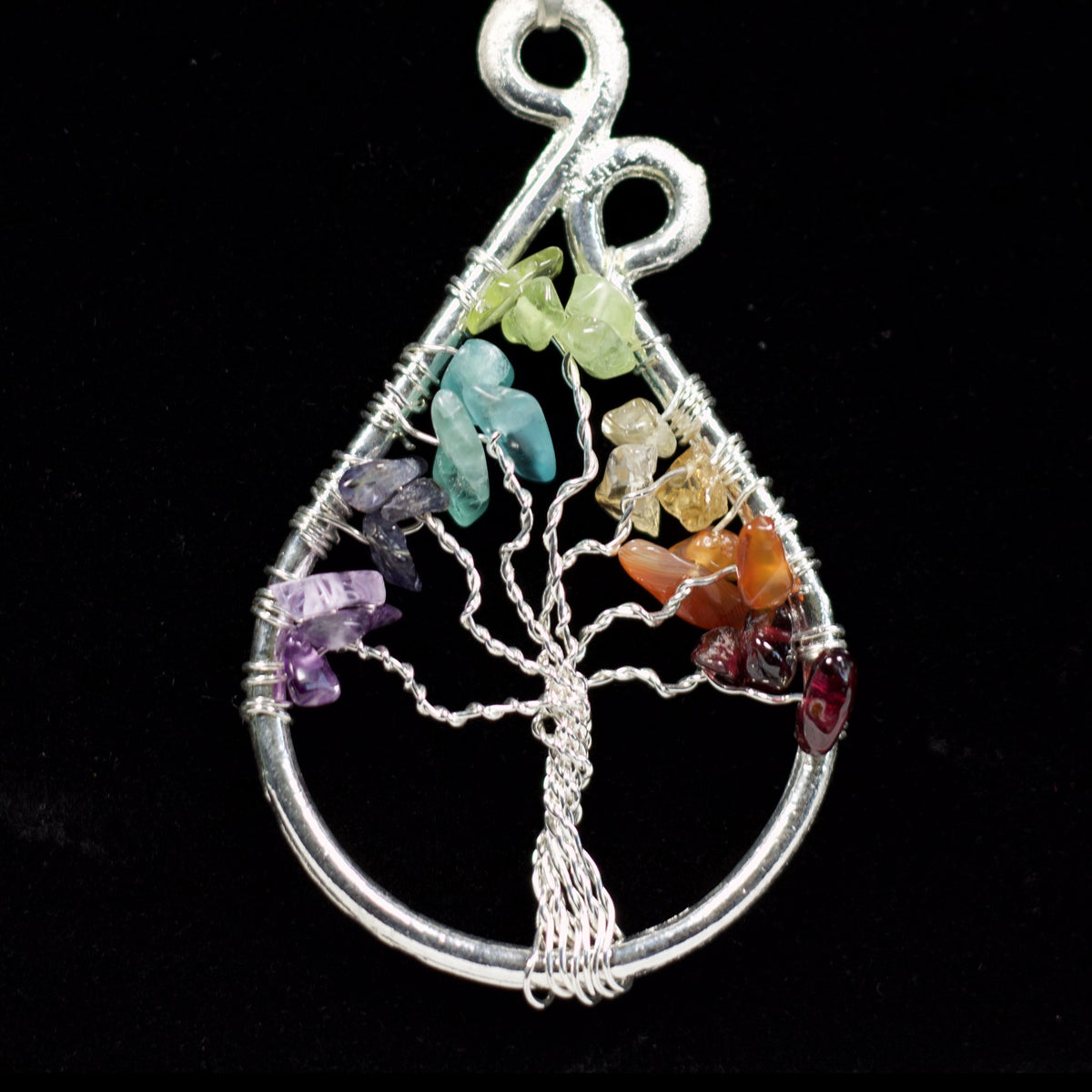 7 chakra tree of life pendant, teardrop shape