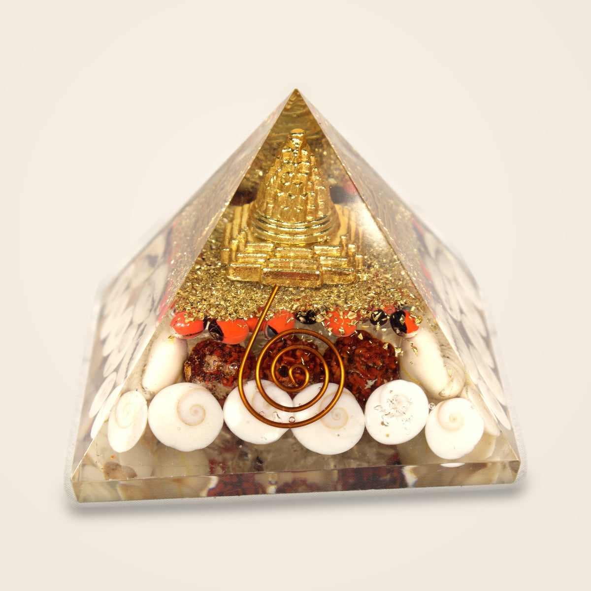 Shree Yantra wealth pyramid with gold-tone Shree Yantra, Gomti Chakra shells, rudraksha and copper-tone spiral