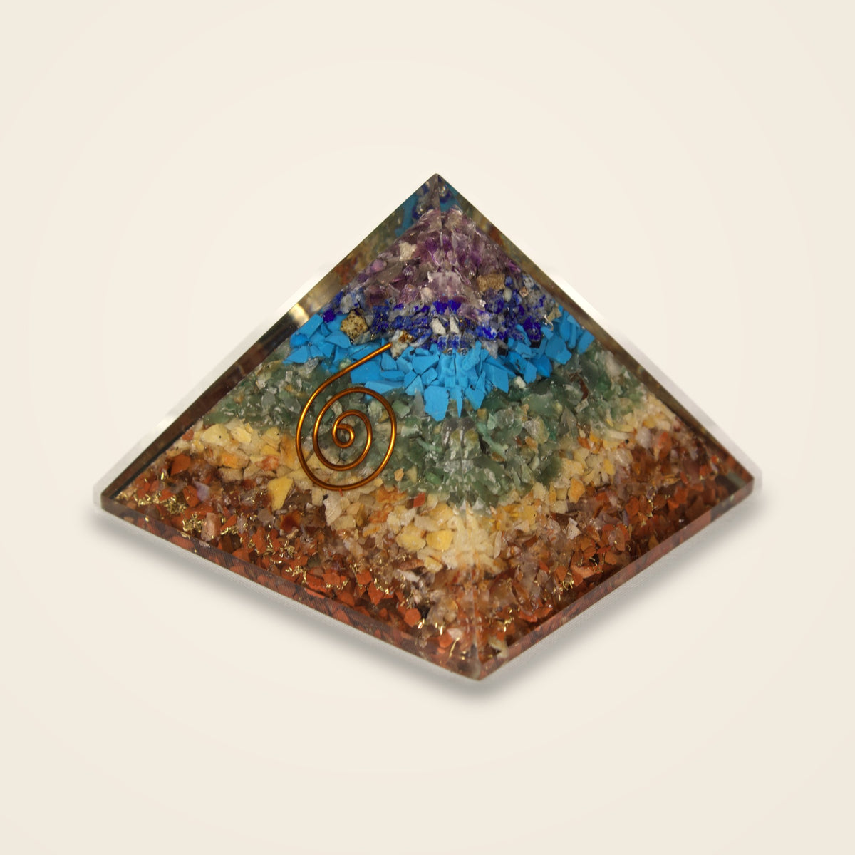 7 Chakra orgone pyramid seen from above, showing the seven colour layers
