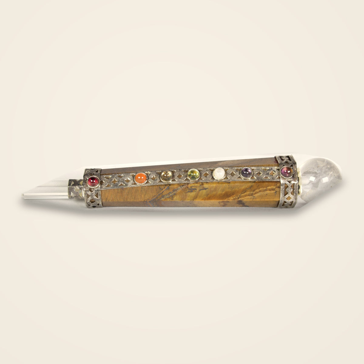 Tiger eye chakra healing wand with 7 chakra cabochons, crystal ball and quartz point
