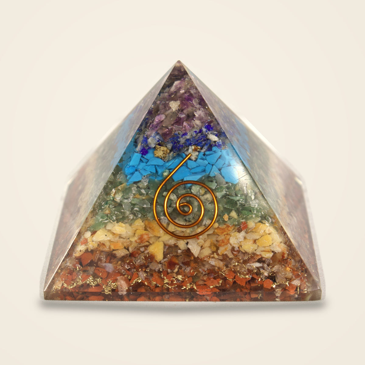7 Chakra orgone pyramid with layered chakra stone chips and copper-tone spiral