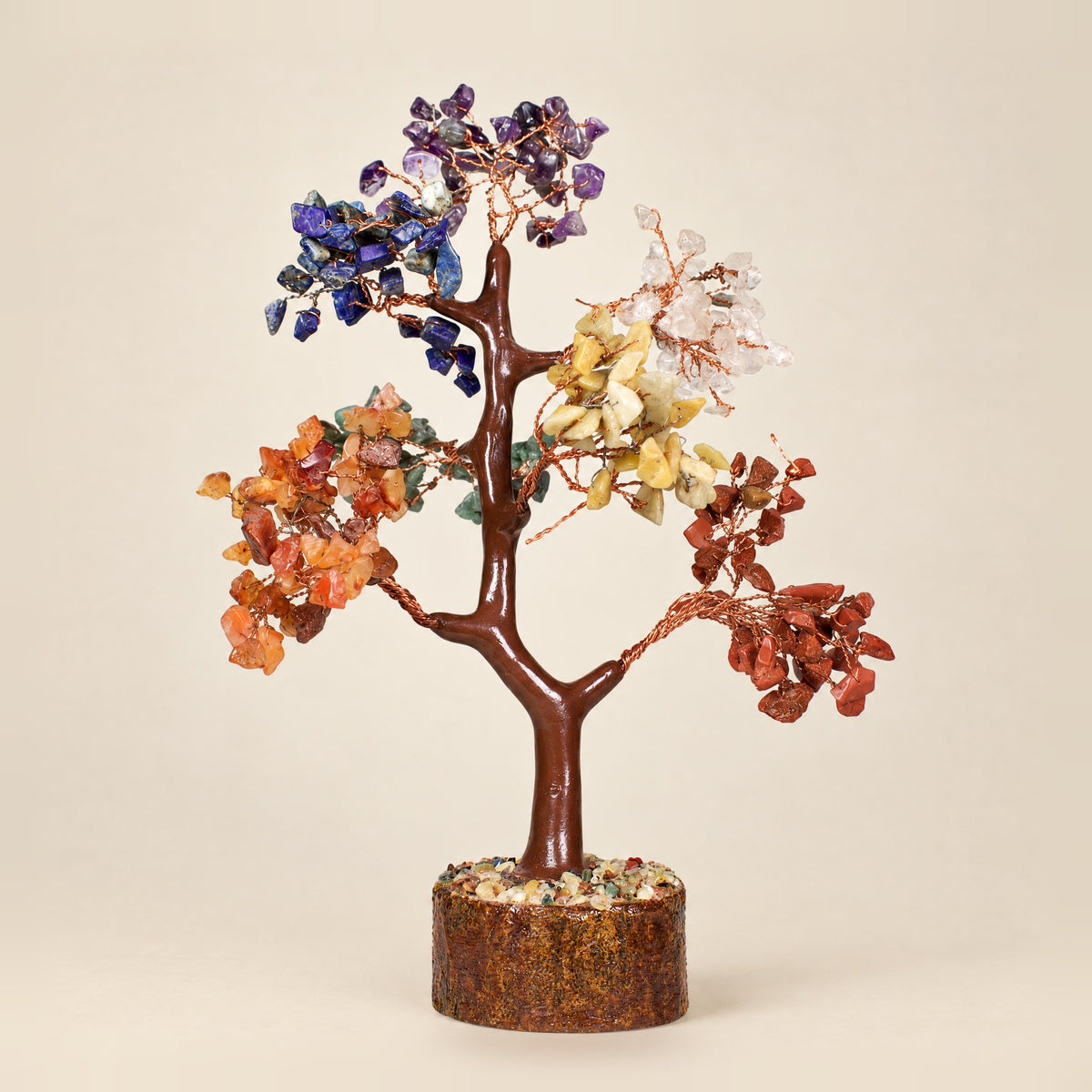 7 chakra gemstone tree with copper-tone wire, 300 chips, front view
