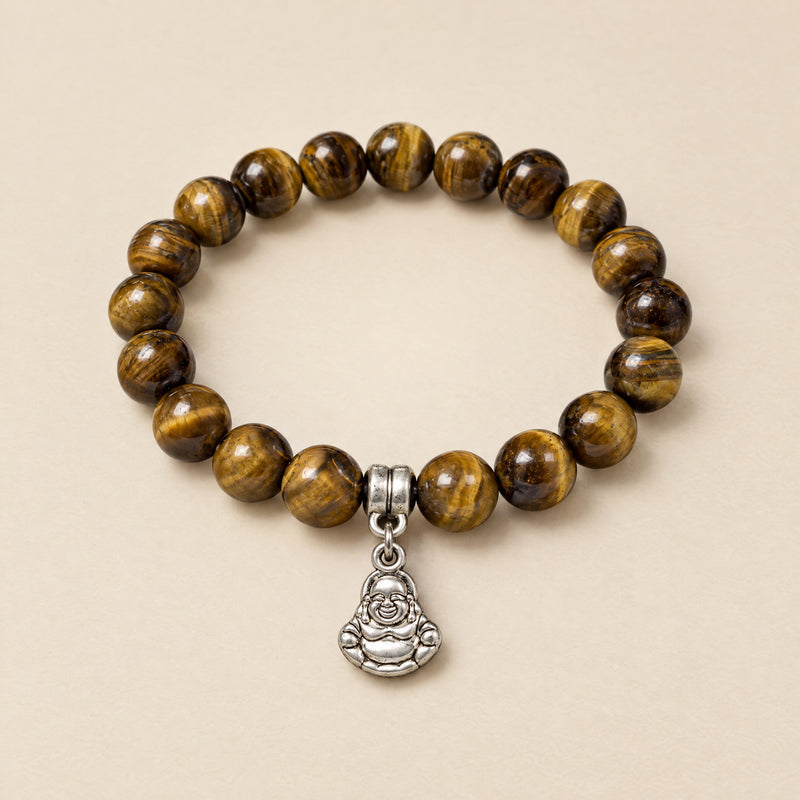 Laughing Buddha Bracelet: 8 mm tiger eye beads with a silver-tone Laughing Buddha charm