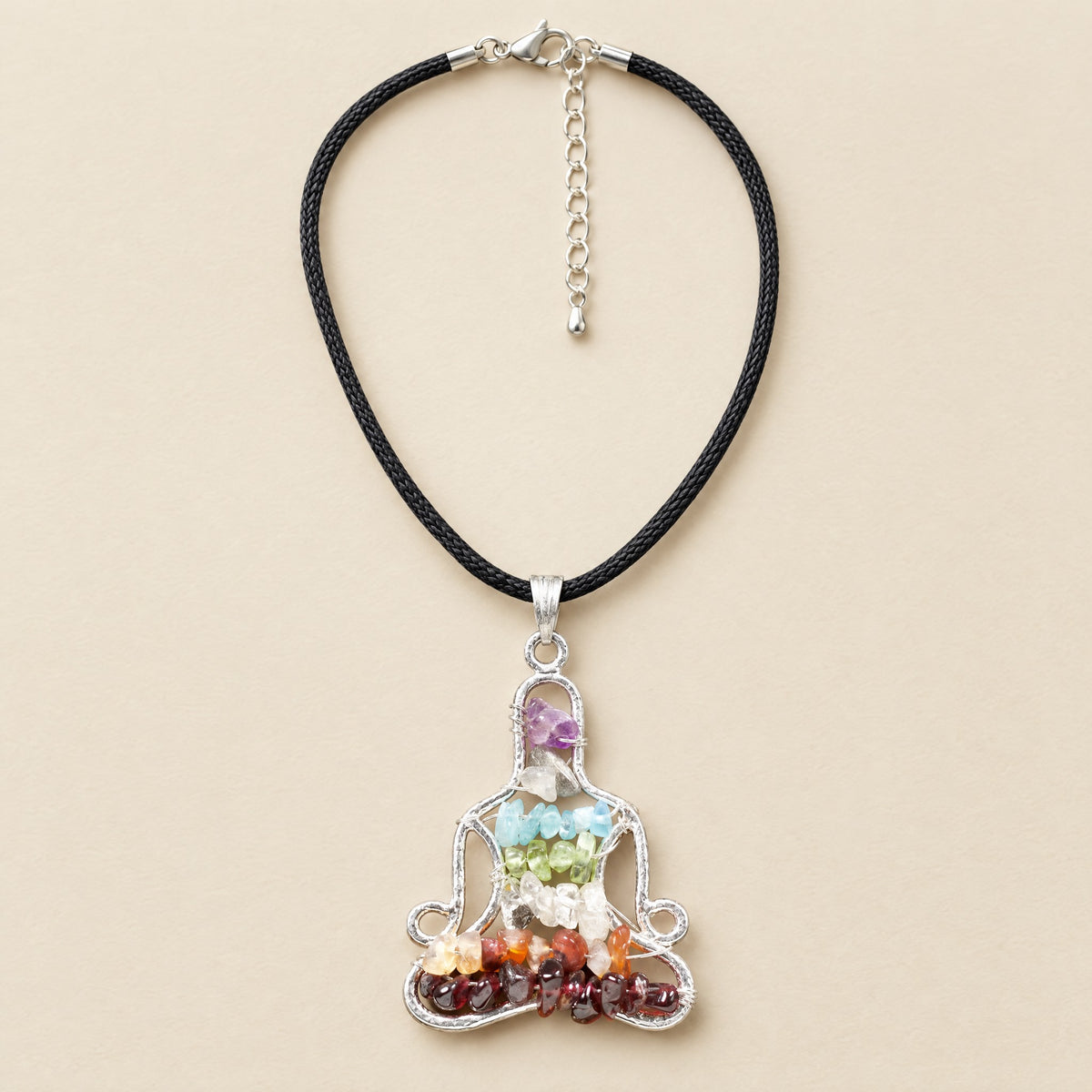 7 chakra yoga meditation necklace, silver-tone lotus figure pendant with chakra gemstone chips on a black waxed cord