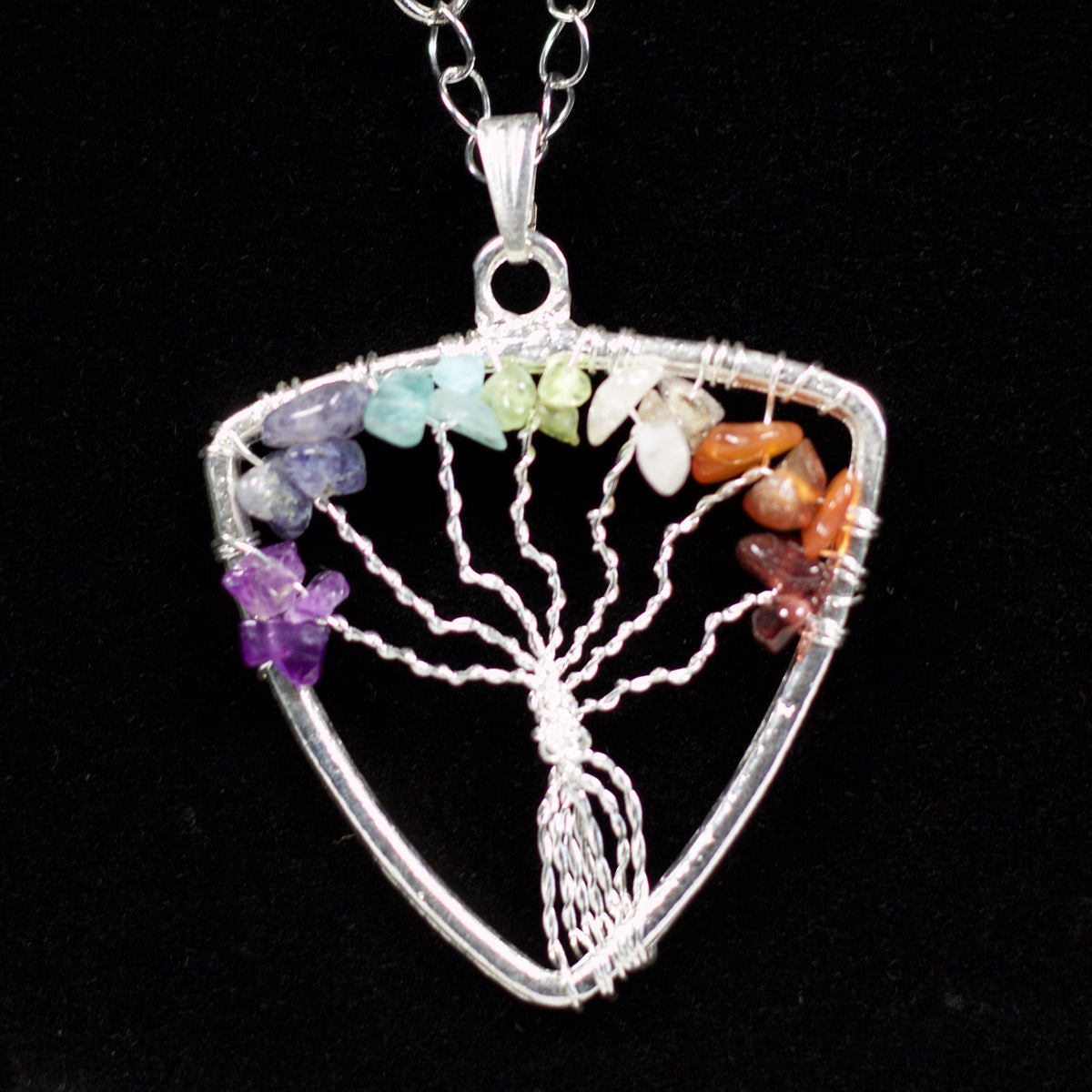 7 chakra tree of life pendant, triangle shape