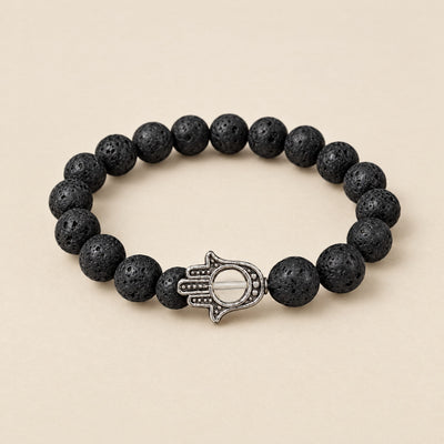 Hamsa Hand Bracelet: 8 mm lava stone beads with a silver-tone Hamsa hand charm